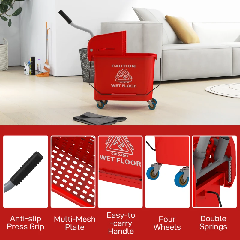 HOMCOM 20 L mopemmer met wringer en handgreep, mopemmer op wielen, kunststof, rood