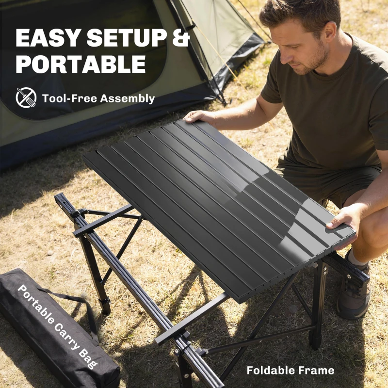 Outsunny Folding Camping Table, 90 x 55 cm Height Adjustable Portable Collapsible Table, 3ft Lightweight Aluminium Rollup Picnic Table with Storage Basket for Outdoor Garden Party BBQ, Black