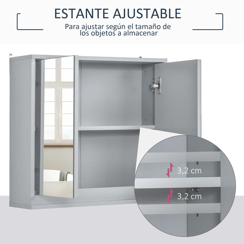 HOMCOM Armario de Baño con Espejo con 2 Puertas y Estante Ajustable Mueble Colgante de Baño para Aseo Estilo Moderno 48x14,5x45 cm Gris