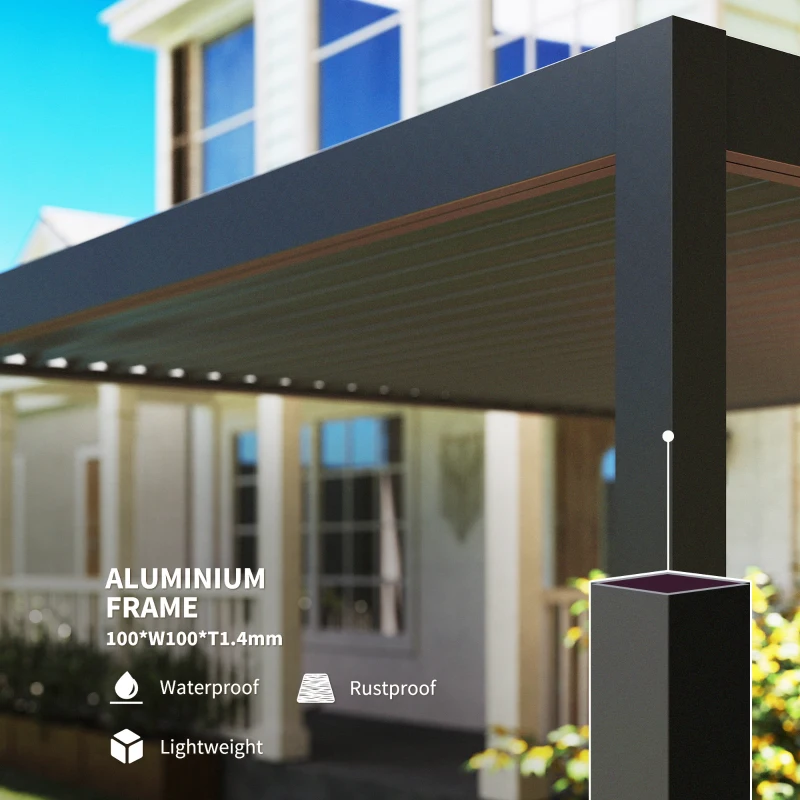 Outsunny 3 x 3(m) Electric Louvered Pergola with LED Lights, Aluminium Pergola Hardtop Gazebo with Remote, Adjustable Roof and Drainage System, Water and UV Proof