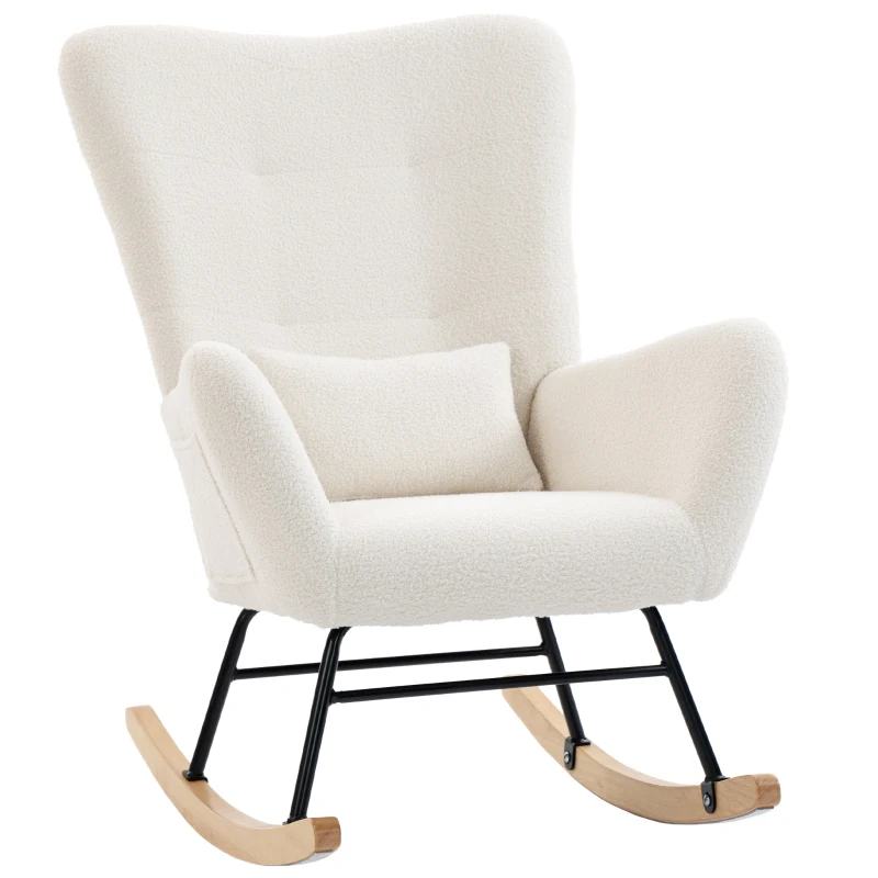 HOMCOM Poltrona Baloiço em Borrego Poltrona para Amamentação com Encosto Acolchoado Almofada e Base de Madeira de Borracha 67x82x100 cm Creme