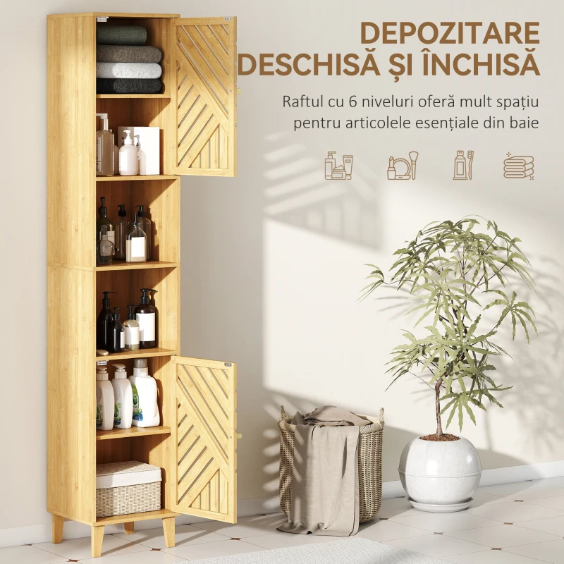 HOMCOM Dulap înalt pentru baie cu compartimente deschise și rafturi reglabile.