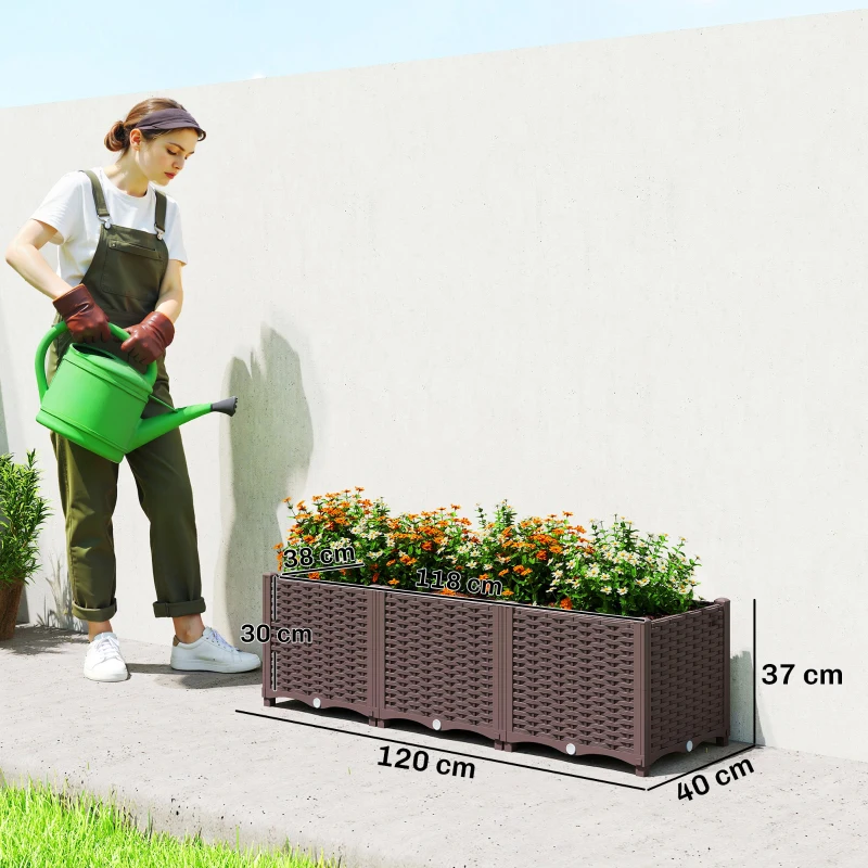 Outsunny Aiuola rialzata in plastica, cassone modulare con sistema di autoirrigazione 120 x 40 x 37cm Marrone