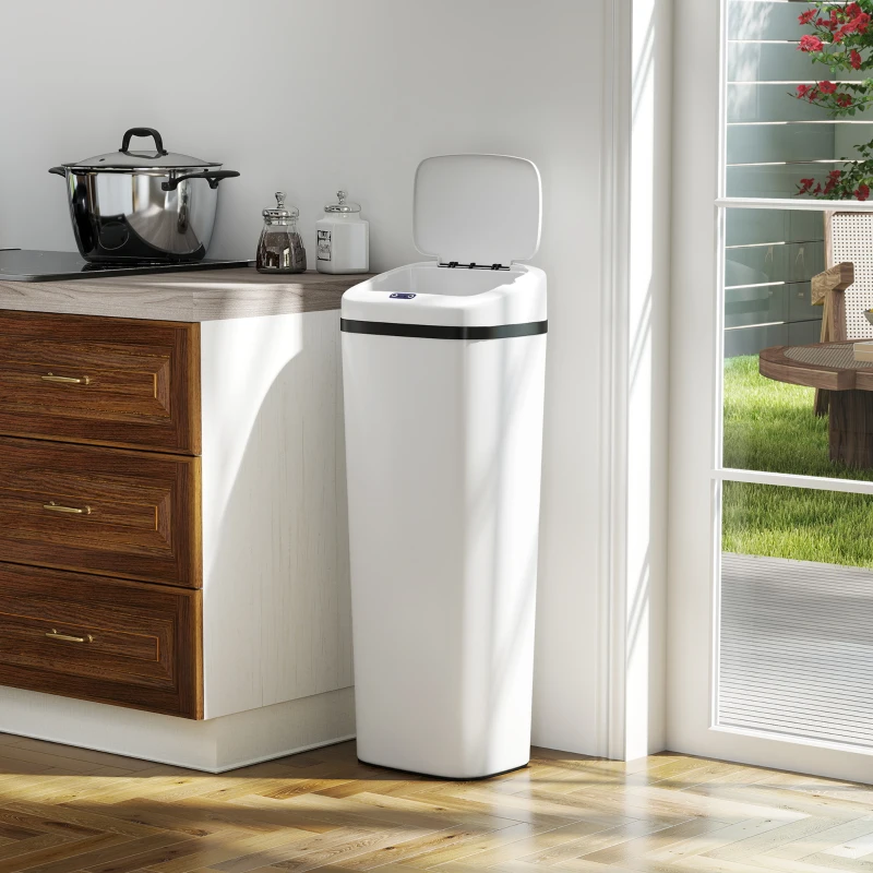 HOMCOM Cubo de Basura Cocina Automático 50 L Estrecha de Acero Inoxidable con Sensor Infrarrojo Modo Manual Antihuellas Blanco