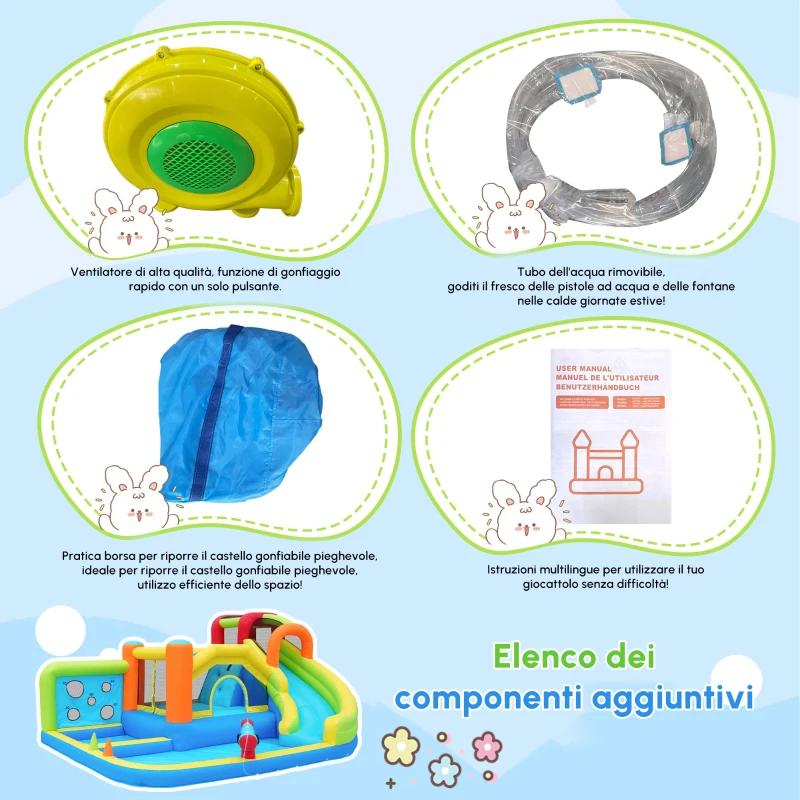 Castello gonfiabile con soffiatore, zona acquatica, canestro da basket e parete da arrampicata, 410x315x203 cm, Blu