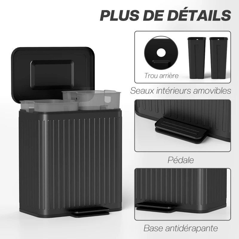 HOMCOM Poubelle à double compartiment 2 x 20L, poubelle de cuisine à pédale, seaux intérieurs amovibles, 45,5x36,5x51cm, noir