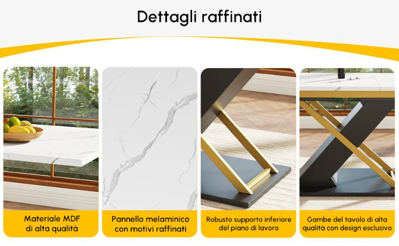 Mesa de comedor extensible, mesa de cocina-salón con patas cruzadas, 120-160x80x75,4 cm, Blanco+Negro