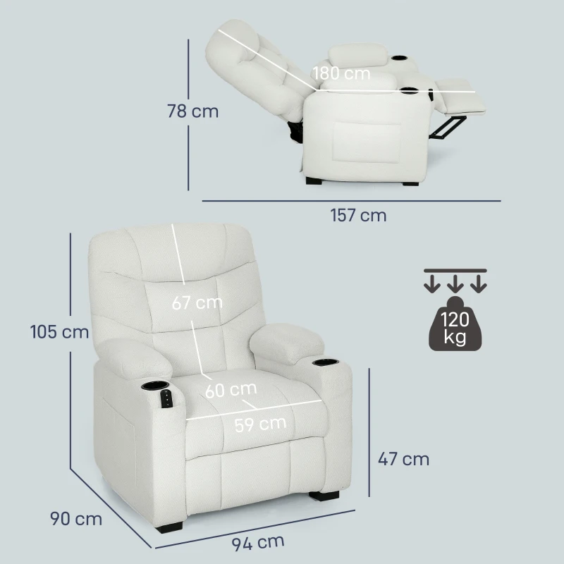 HOMCOM Sillón Relax Reclinable Eléctrico Silencioso con Función Memoria Reposapiés Mando a Distancia Bolsillos Laterales Crema
