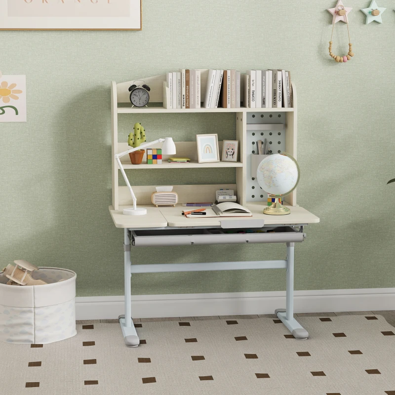 AIYAPLAY Kids Desk Height Adjustable with Tilt-Desktop, Hutch, Drawer, Storage Shelf, Pegboard, for 3-12 Years Old, Natural