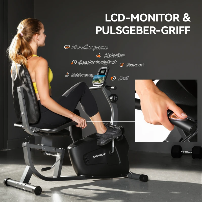 SPORTNOW Heimtrainer, Magnet-Liegerad, 8 Widerstandsstufen, verstellbar, LCD-Monitor, Metall, Kunststoff, Schwarz