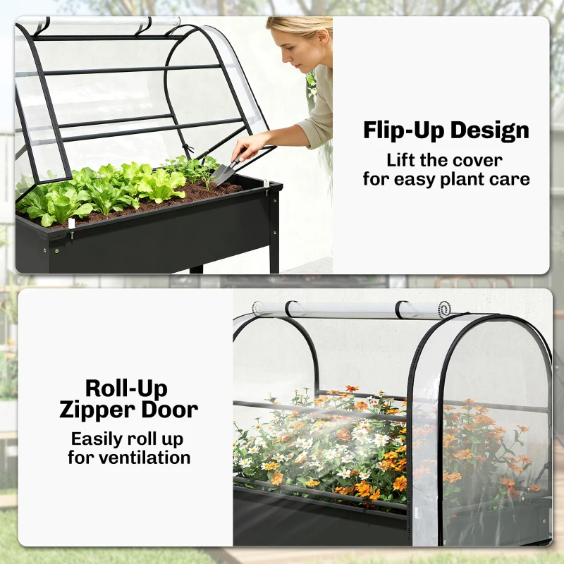 Outsunny Raised Planter with Flip-Up Greenhouse Cover, Metal Raised Garden Bed on Legs with Drainage Hole, Black