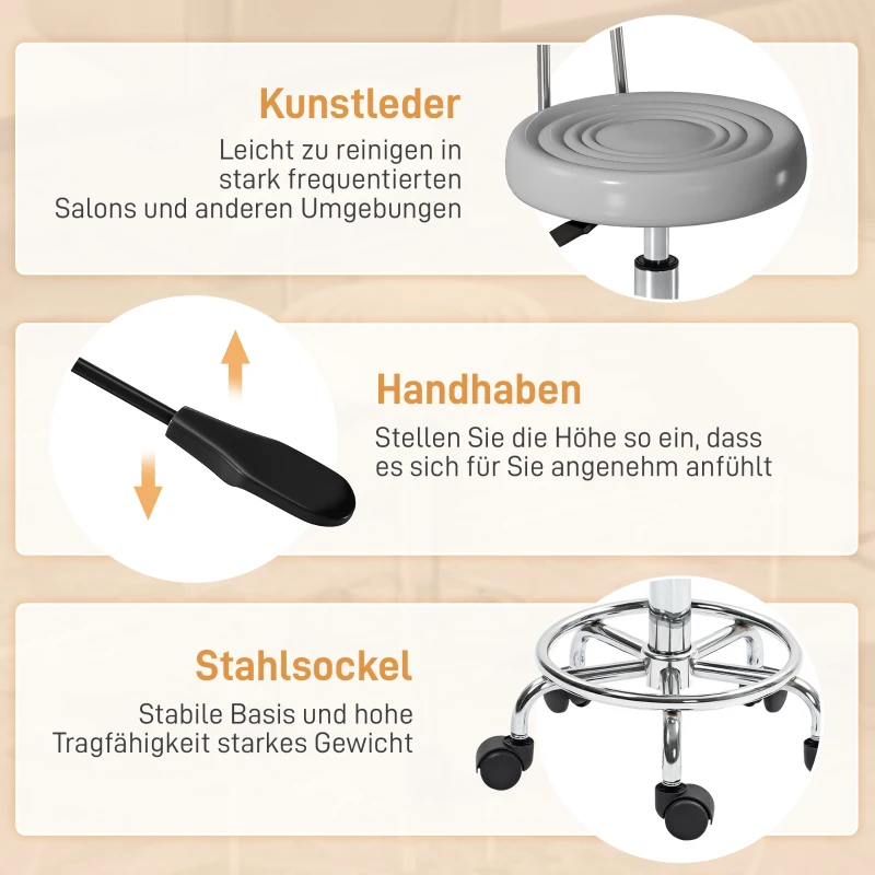 HOMCOM Rolkruk, draaibare en verstelbare kruk met rugleuning, kunstlederen bekleding, voetsteun, voor kaptafels, grijs