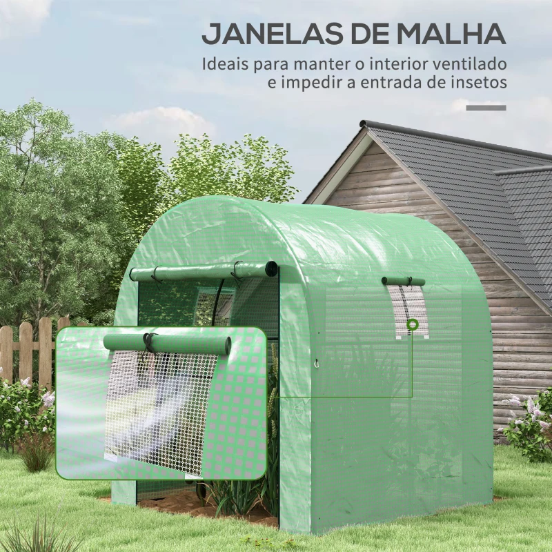 Outsunny Estufa de Exterior com 2 Portas Enroláveis 2 Janelas em Rede Cobertura PE 135g/m² Anti-UV Cultivo e Plantas 180x180x200 cm Verde