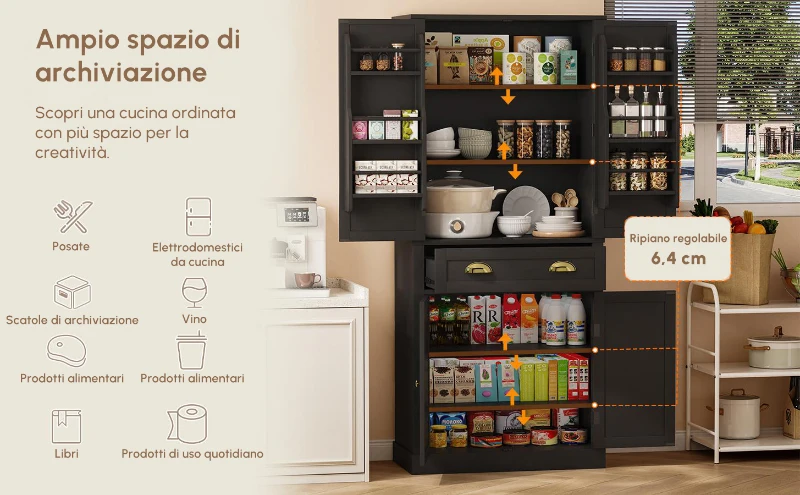 Armadio contenitore moderno con 4 ante e 1 cassetto, 6 ripiani portaoggetti e 4 ripiani regolabili, adatto per cucina, sala da pranzo e soggiorno, 80x40x182 cm, Nero