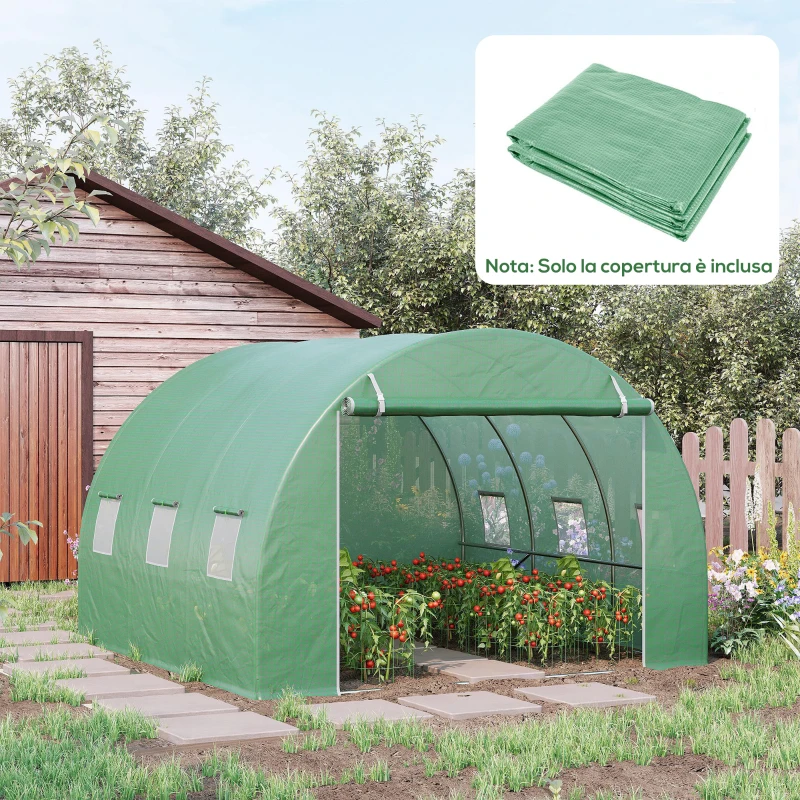Outsunny Telo Serra in PE con 6 Finestre, Porta Avvolgibile e Bordi Interrati, 3x3x2 m, Verde