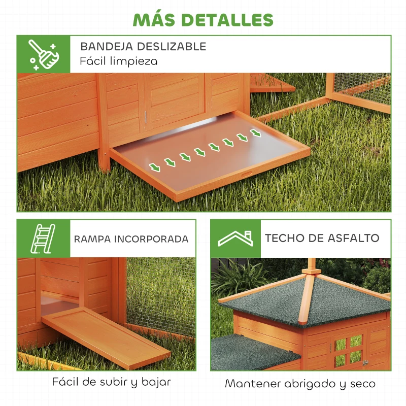PawHut Gallinero de Madera Exterior Jaula para Gallinas con Nidos Corral Bandeja Extraíble Tapa Abatible 196x76x97 cm Naranja