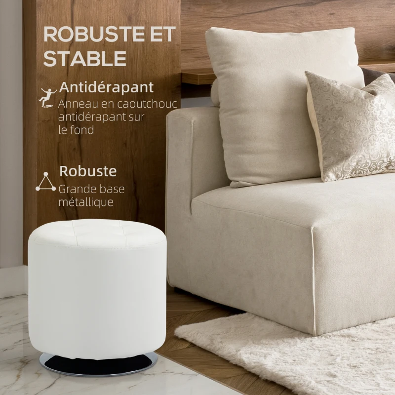 HOMCOM Repose pied salon pivotant à 360°, ottoman rond rembourré en PU avec base en acier, Ø 45,5 x 44,5 cm, blanc