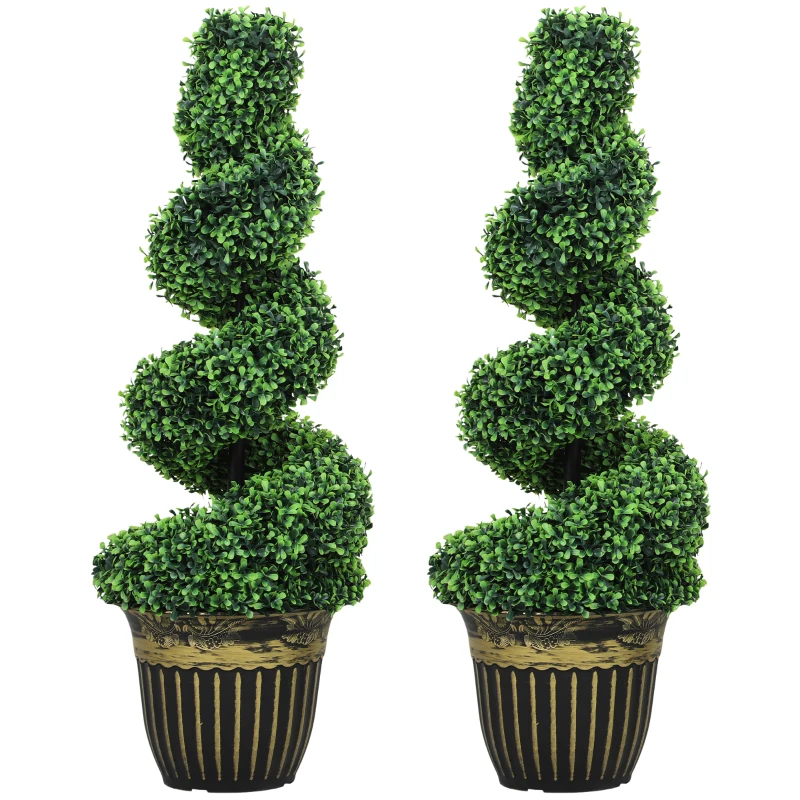 HOMCOM Set of 2 Artificial Plants, Topiary Spiral Boxwood Trees with Pot, for Home Indoor Outdoor Decor, 90cm