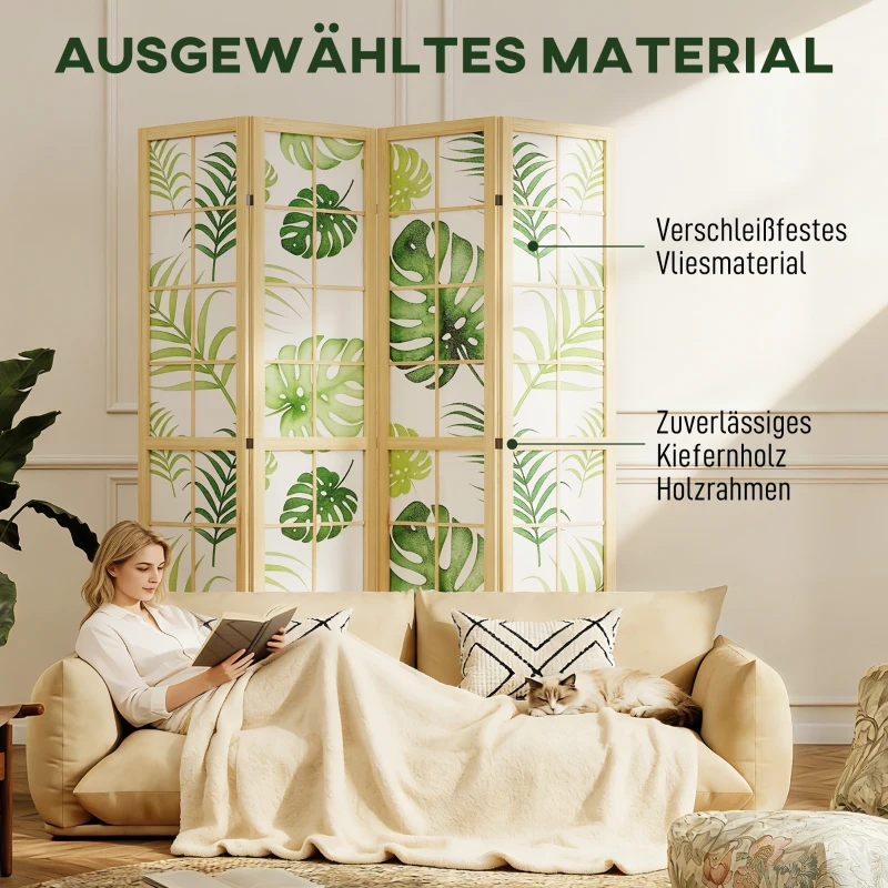 HOMCOM 4-teiliger Raumtrenner, faltbar, Boho-Design, tropisches Motiv, freistehender Raumteiler, Holzrahmen, Grün
