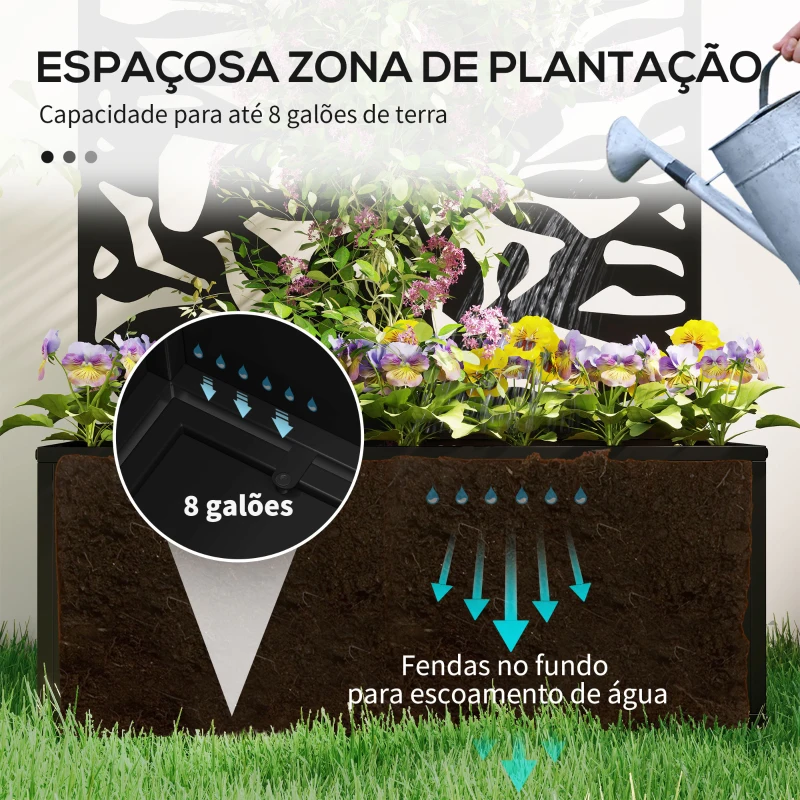 Outsunny Floreira Elevada com Painel de Privacidade de Folhas Decorativas de Metal e Opção de Montagem na Parede 61x23x113 cm Preto