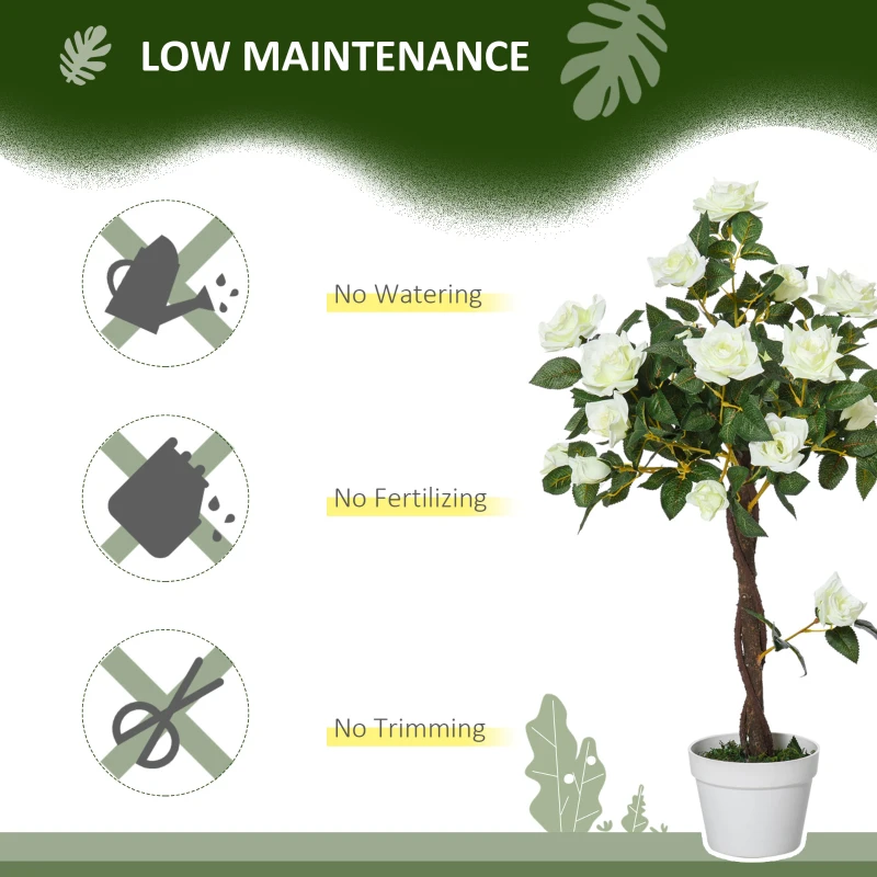 Outsunny 90cm/3FT Artificial Rose Tree Fake Decorative Plant w/ 21 Flowers Pot Indoor Outdoor Faux Decoration White & Green