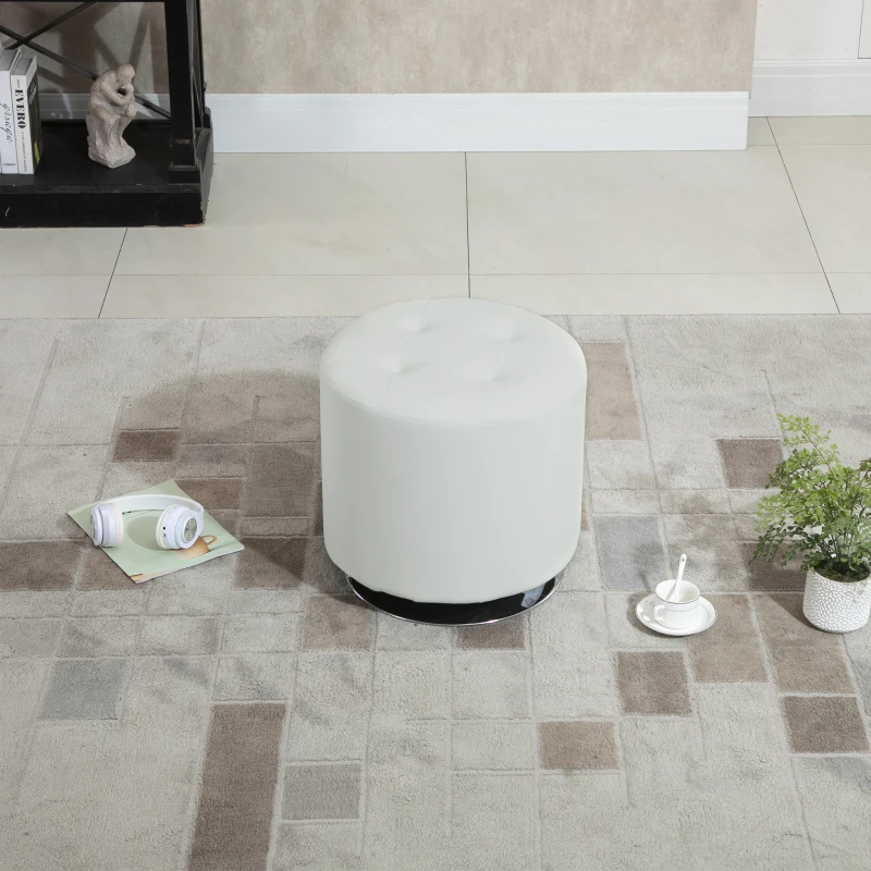 HOMCOM Poggiapiedi da salotto girevole a 360°, pouf ottomano rotondo imbottito in PU con base in acciaio, Ø 45,5 x 44,5 cm, bianco