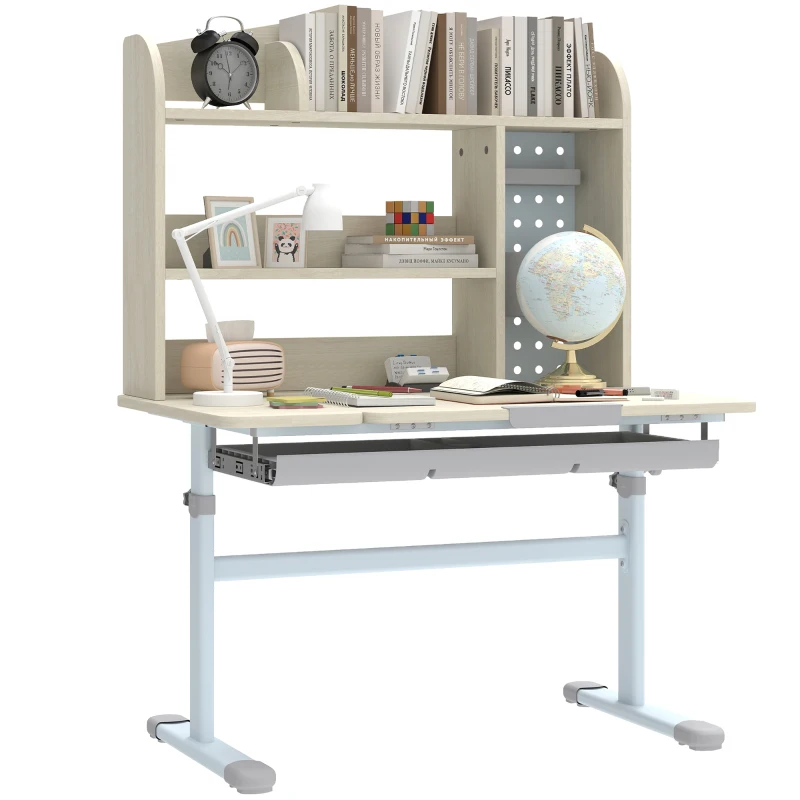 AIYAPLAY Kids Desk Height Adjustable with Tilt-Desktop, Hutch, Drawer, Storage Shelf, Pegboard, for 3-12 Years Old, Natural