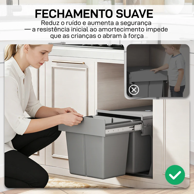 HOMCOM Balde de Lixo Embitido com 2 Recipientes Removíveis para Reciclagem Capacidade Total 30L (15Lx2) 48x34,3x35,1 cm Cinzento Claro