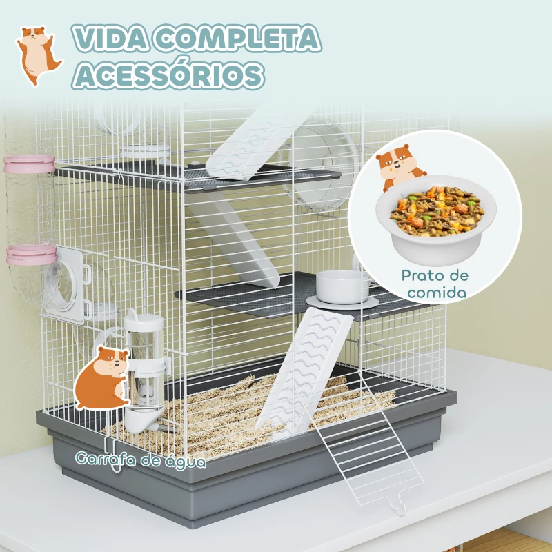 PawHut Gaiola para Hámster 47x30x70 cm Gaiola para Roedores com Túnel Plataformas Tigela Bebedouro Casinha Rampas e Roda Cinzen