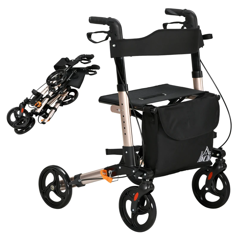 HOMCOM 4 Wheel Rollator with Seat and Back, Folding Mobility Walker with Carry Bag, Adjustable Height, Dual Brakes, Cane Holder, Lightweight Aluminium Walking Frame for Seniors and Disabled, Gold Tone