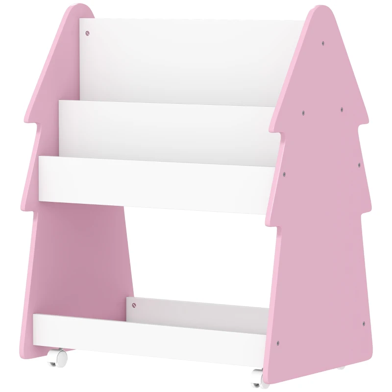 AIYAPLAY Kids Bookshelf with Toy Storage, Double-Sided Bookcase with Wheels, 3 Tier Kids Book Rack for Bedroom, Pink