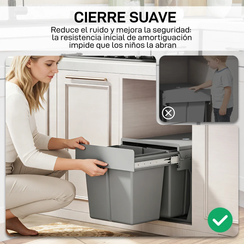 HOMCOM Cubo de Basura Extraíble bajo Fregadero con 3 Contenedores Capacidad Total 31L (15L+8Lx2) Fijación Inferior Gris Claro