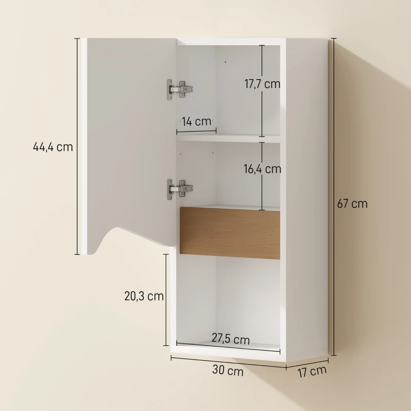 HOMCOM Armário de Parede para Banheiro com Porta de Fecho Suave e Nicho Aberto 30x17x67 cm Branco