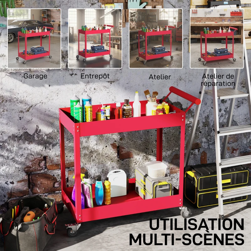 DURHAND Chariot d'atelier servante atelier à 2 niveaux, poignée latérale et roulettes verrouillables, 84,5x38x84cm, rouge