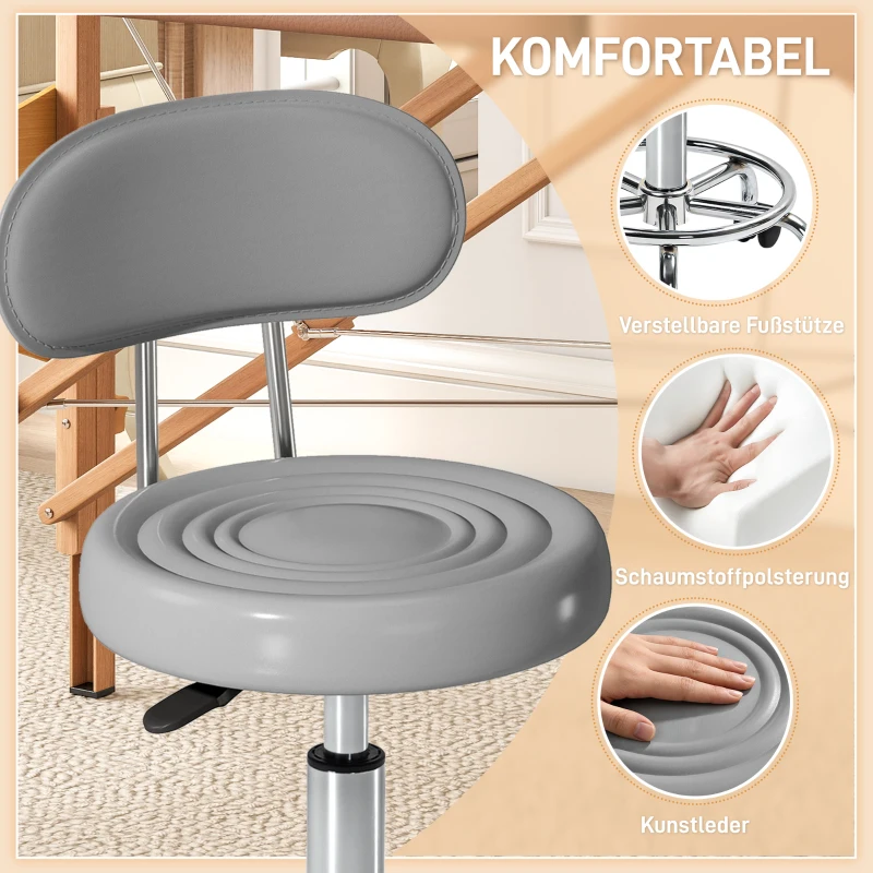 HOMCOM Rolkruk, draaibare en verstelbare kruk met rugleuning, kunstlederen bekleding, voetsteun, voor kaptafels, grijs