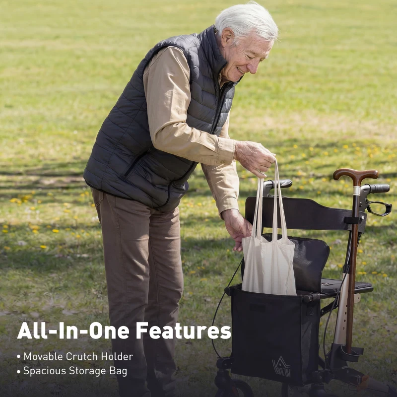 HOMCOM 4 Wheel Rollator with Seat and Back, Folding Mobility Walker with Carry Bag, Adjustable Height, Dual Brakes, Cane Holder, Lightweight Aluminium Walking Frame for Seniors and Disabled, Gold Tone