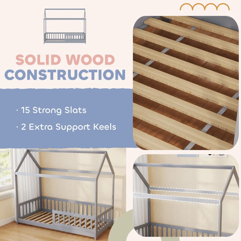 HOMCOM House-Shaped Kids Bed Frame with Guard Rails, Solid Pine Wood Single Bed Frame for Kids Boys and Girls, Grey