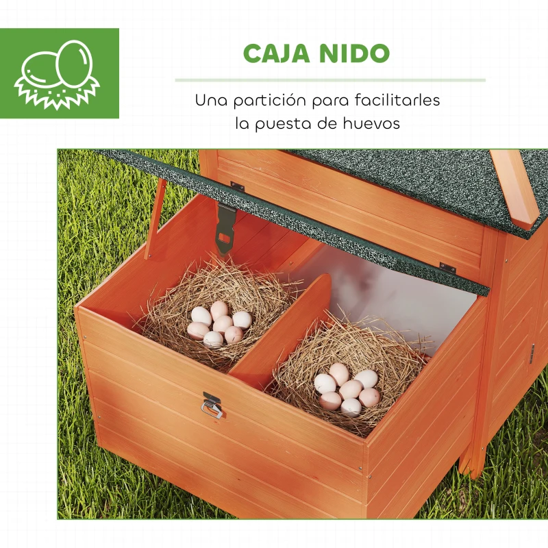 PawHut Gallinero de Madera Exterior Jaula para Gallinas con Nidos Corral Bandeja Extraíble Tapa Abatible 196x76x97 cm Naranja