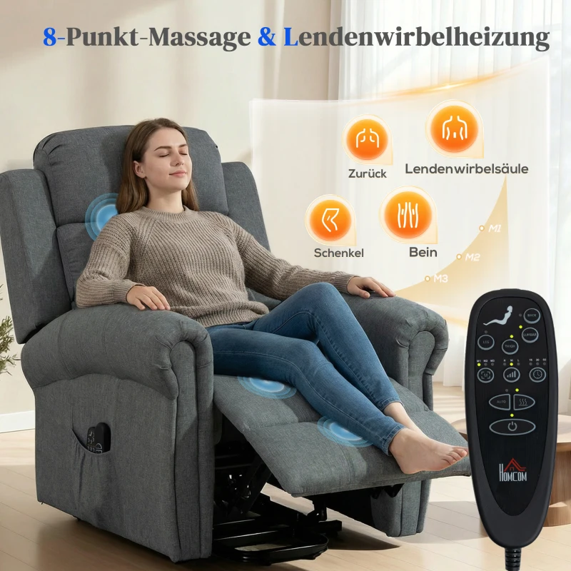 HOMCOM Massagestoel met opstaanfunctie, relaxfauteuil, vibratiekoppen, met kantelfunctie, linnenlook, grijs