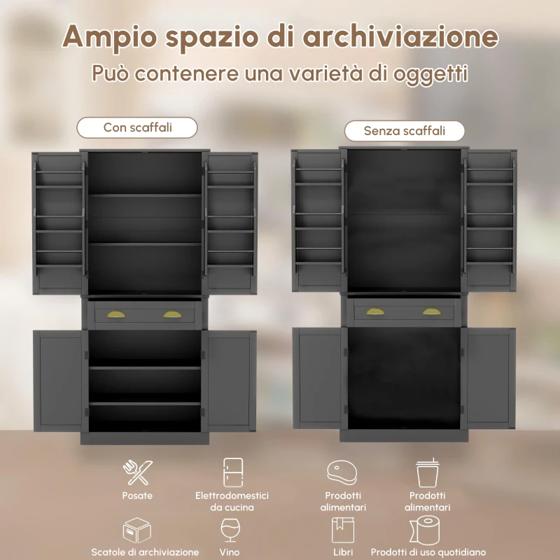 Armadio contenitore moderno con 4 ante e 1 cassetto, 6 ripiani portaoggetti e 4 ripiani regolabili, adatto per cucina, sala da pranzo e soggiorno, 80x40x182 cm, Nero