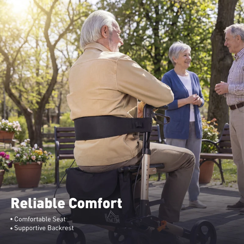HOMCOM 4 Wheel Rollator with Seat and Back, Folding Mobility Walker with Carry Bag, Adjustable Height, Dual Brakes, Cane Holder, Lightweight Aluminium Walking Frame for Seniors and Disabled, Gold Tone