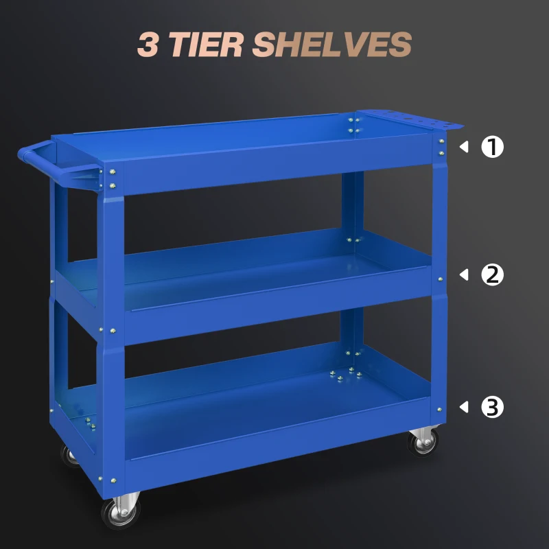 DURHAND 3-niveaus gereedschapswagen, 4 wielen, staal, 83B x 35,3D x 76H cm, blauw