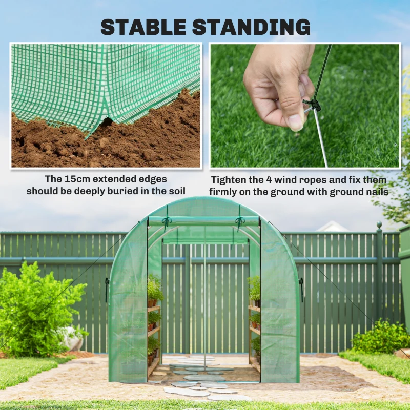 Outsunny Serre 3 x 2 x 2 m serre en bâche avec 2 portes zippées enroulables & 6 fenêtres en maille barres de soutien Vert
