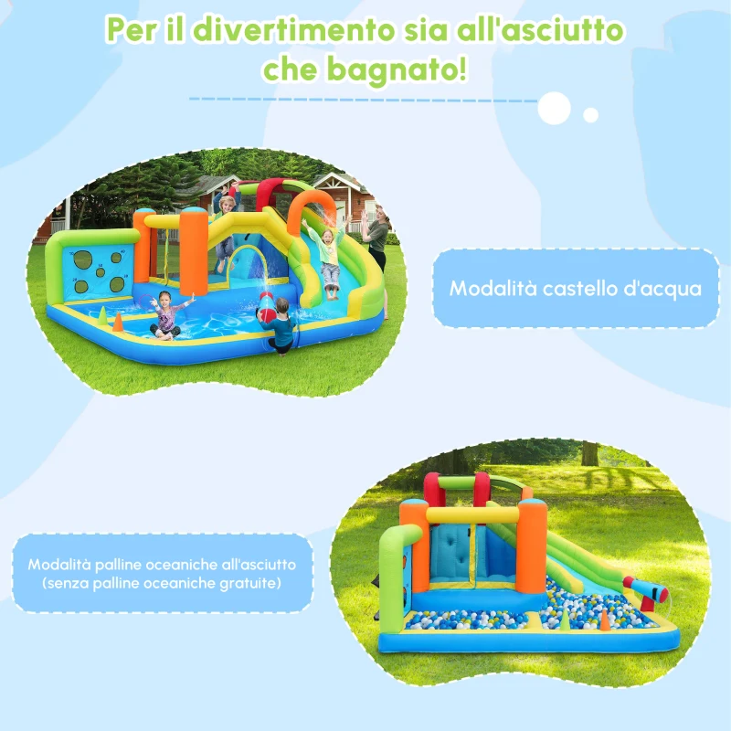 Castello gonfiabile con soffiatore, zona acquatica, canestro da basket e parete da arrampicata, 410x315x203 cm, Blu