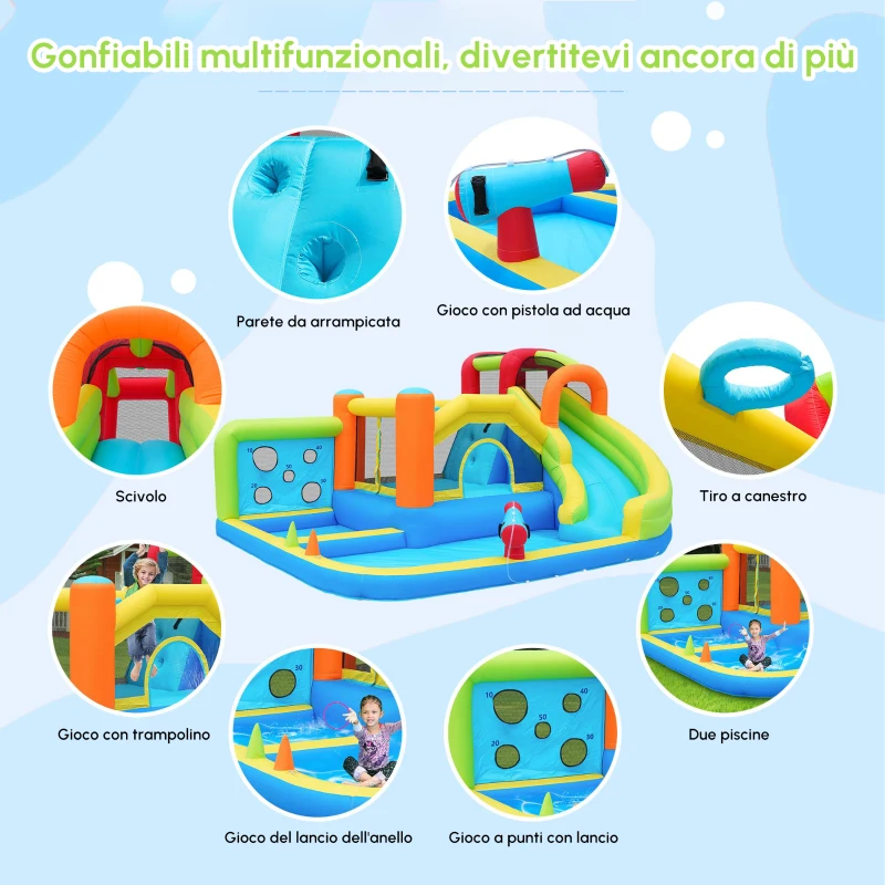 Castello gonfiabile con soffiatore, zona acquatica, canestro da basket e parete da arrampicata, 410x315x203 cm, Blu