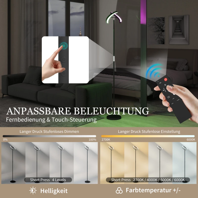 HOMCOM RGB Stehlampe, dimmbare Lampe mit mehrfarbigen Beleuchtungsmöglichkeiten, drehbar, Schwarz