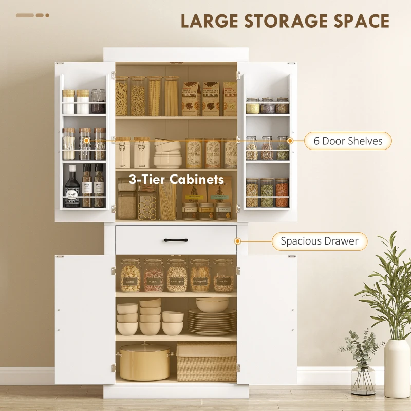 HOMCOM Dulap de bucătărie în stil country cu 2 dulapuri, 6 rafturi și un sertar, din lemn, 76x39,5x183,5 cm, alb