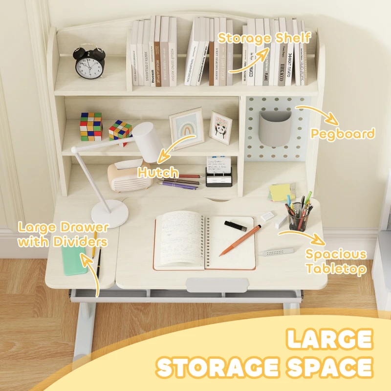 AIYAPLAY Kids Desk Height Adjustable with Tilt-Desktop, Hutch, Drawer, Storage Shelf, Pegboard, for 3-12 Years Old, Natural