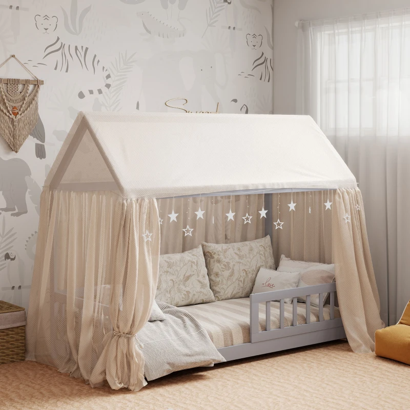 HOMCOM House-Shaped Kids Bed Frame with Guard Rails, Solid Pine Wood Single Bed Frame for Kids Boys and Girls, Grey