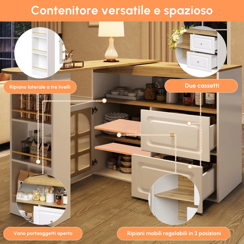 Bancone girevole a 360° con 2 cassetti, ripiano e vetro curvo, 138-204x39x104 cm, Bianco